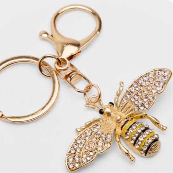 Honey Bee Bag Charm Keychain Black & Yellow,Rhinestone, Gold NEW Retail $40